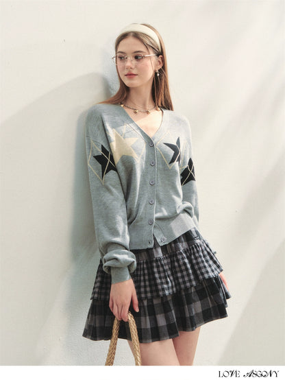 Single-breasted Star Argyle Knit Cardigan - CHINASQUAD