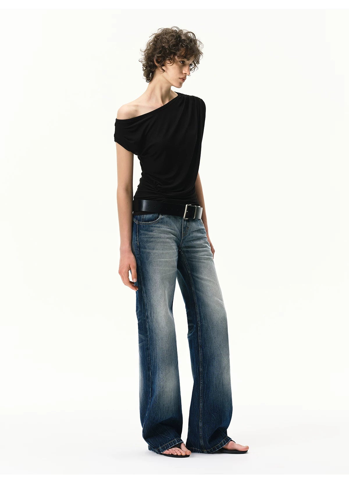 Asymmetrical Draped Lyocell-Wool T-Shirt
