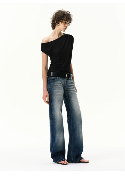 Asymmetrical Draped Lyocell-Wool T-Shirt