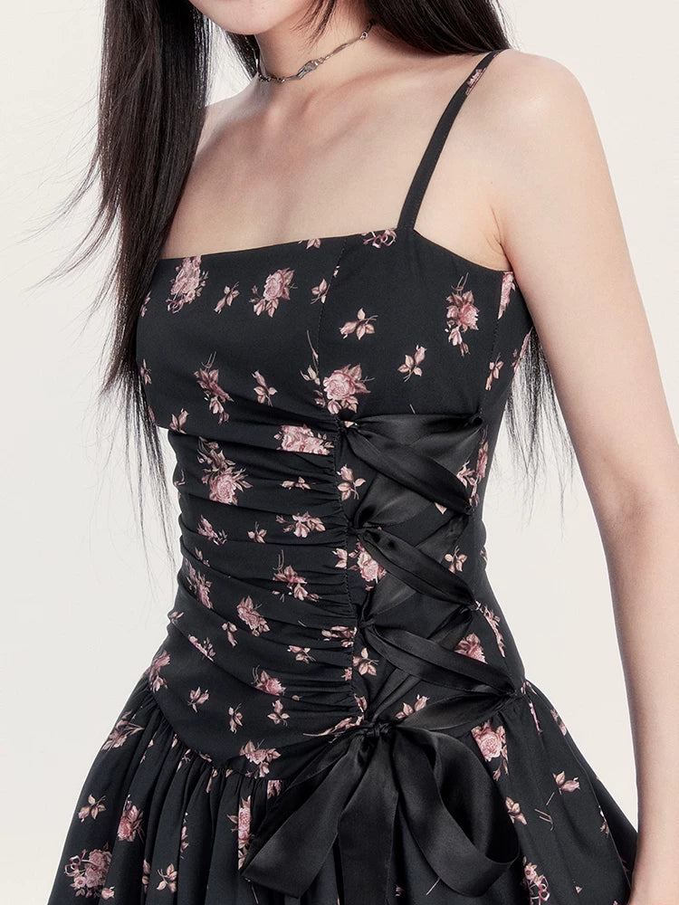 Dream French Floral Bow Waist Puff Dress