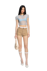 Blue Sheer Knitted Short Sleeve Top - CHINASQUAD