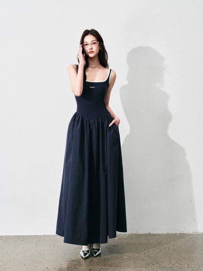 Contrast-Trim Backless Slip Maxi Dress