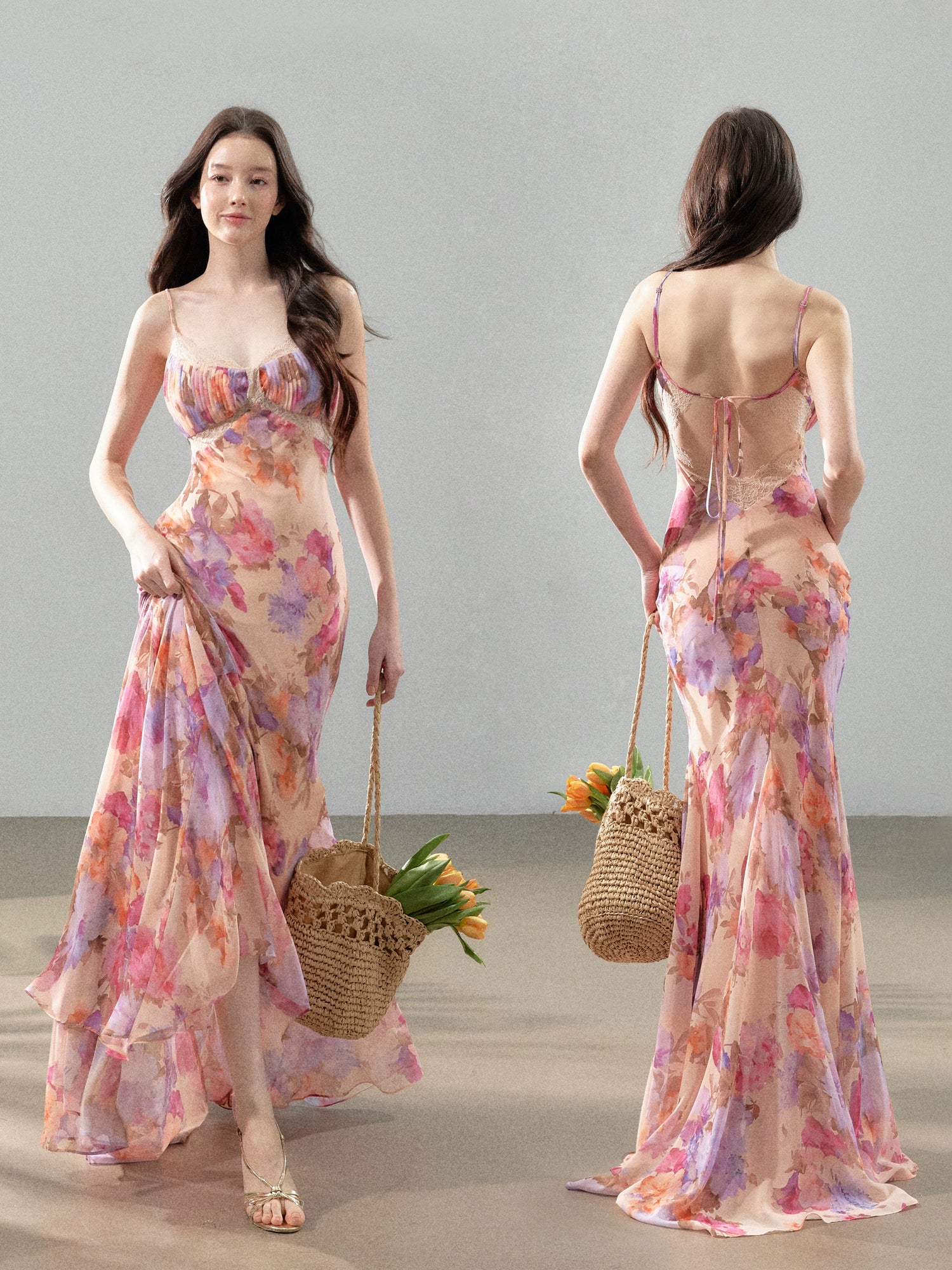 Dreamlike Summer Floral Chiffon Mermaid Slip Maxi Dress – CHINASQUAD