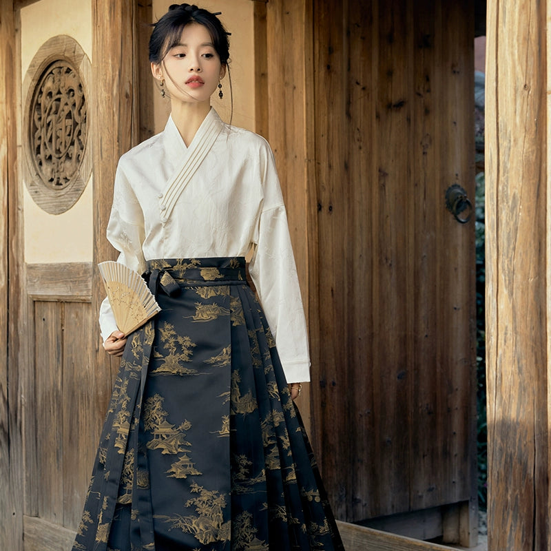 &quot;江上烟树&quot; Black Horse-face Hanfu Skirt