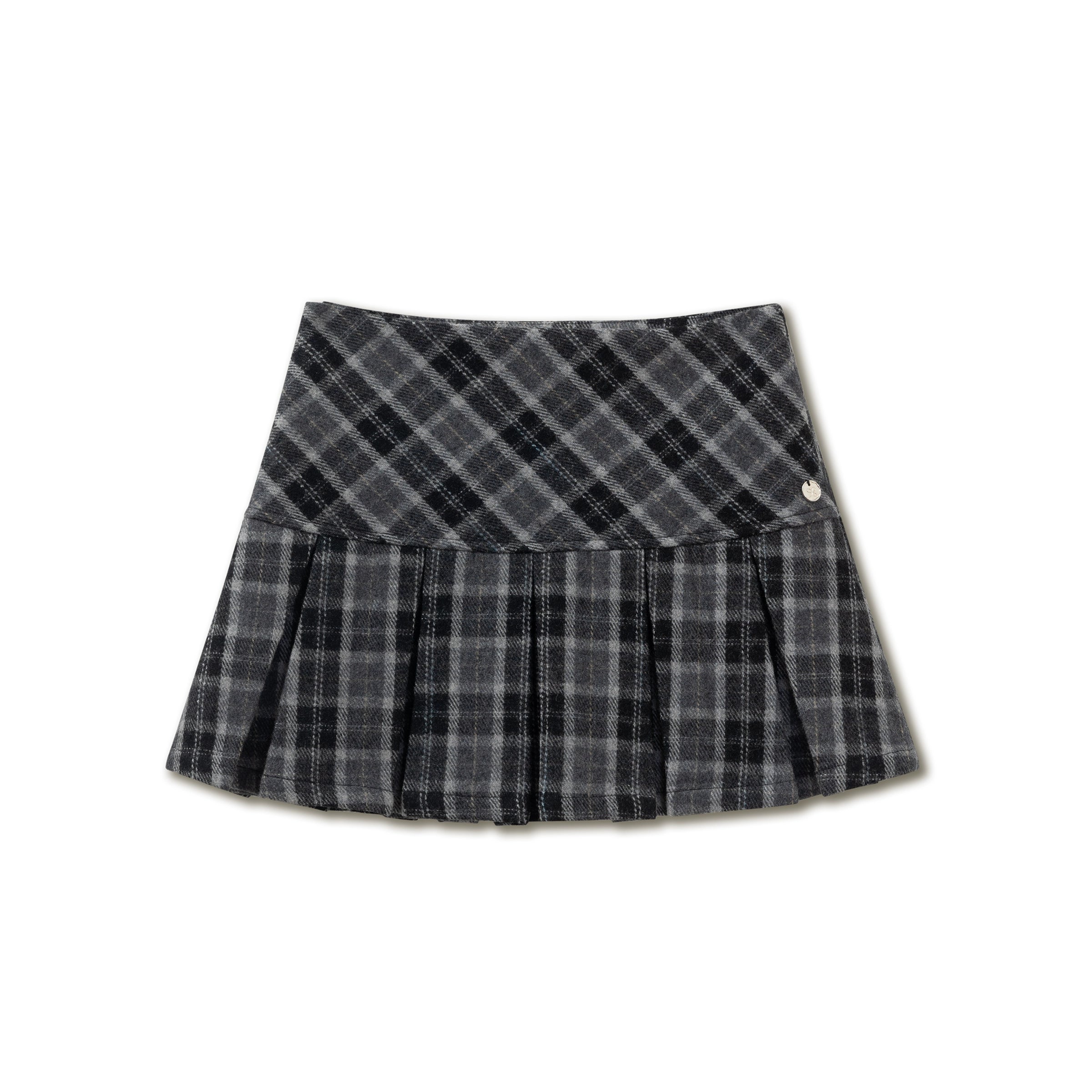 Gray Embroidered Wool Plaid Pleated Skirt