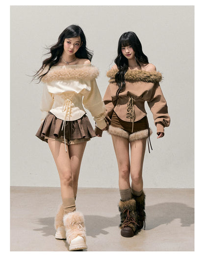 French Off-Shoulder Fuzzy Knit T-Shirt