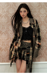 Washed Distressed Plaid Shirt & Skirt Set - CHINASQUAD