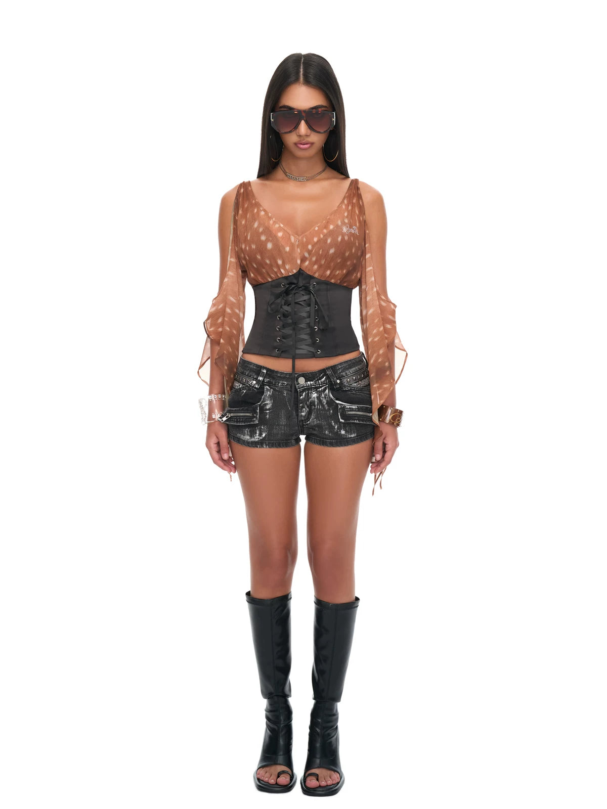 Fawn Print Off-Shoulder Chiffon Ruffle Corset