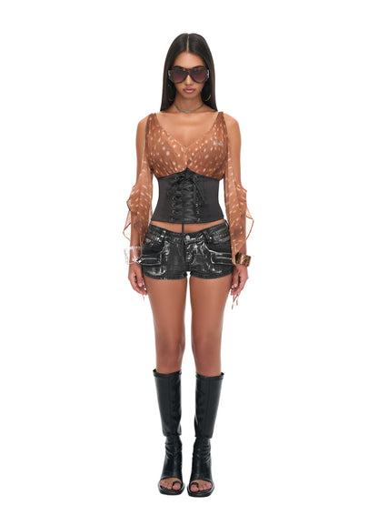 Fawn Print Off-Shoulder Chiffon Ruffle Corset