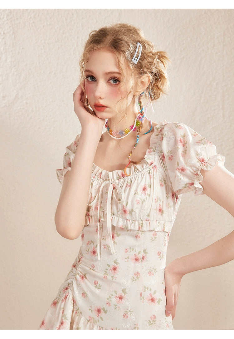 Cream Off-shoulder Puff Sleeve Floral Dress