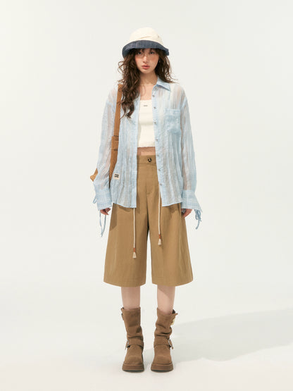 Khaki Simple 3D Pleated Shorts - CHINASQUAD