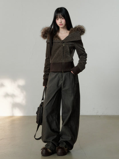 Vintage-Wash Curved Wide-Leg Pants