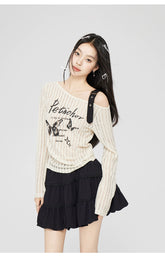 Gray & Beige Hollow Off-shoulder Long Sleeve T-shirt - CHINASQUAD