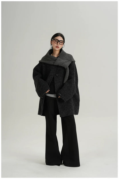 Knitted Hooded Scarf Mid-Length Wool Coat