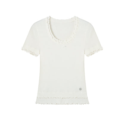 White &amp; Gray Mushroom Lace Trim T-shirt
