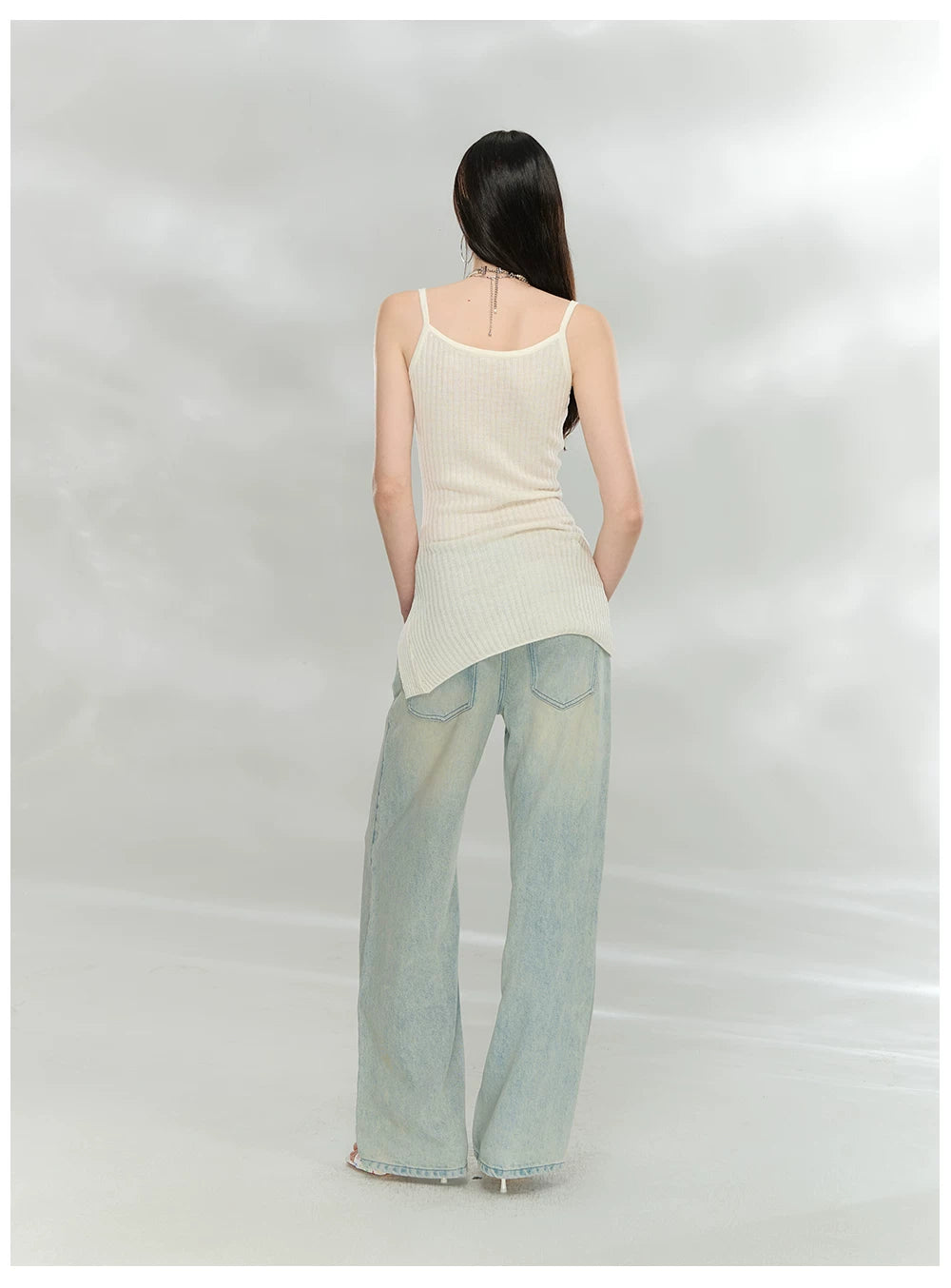Crystal-Embellished Ribbed Knit Side-Slit Camisole Dress