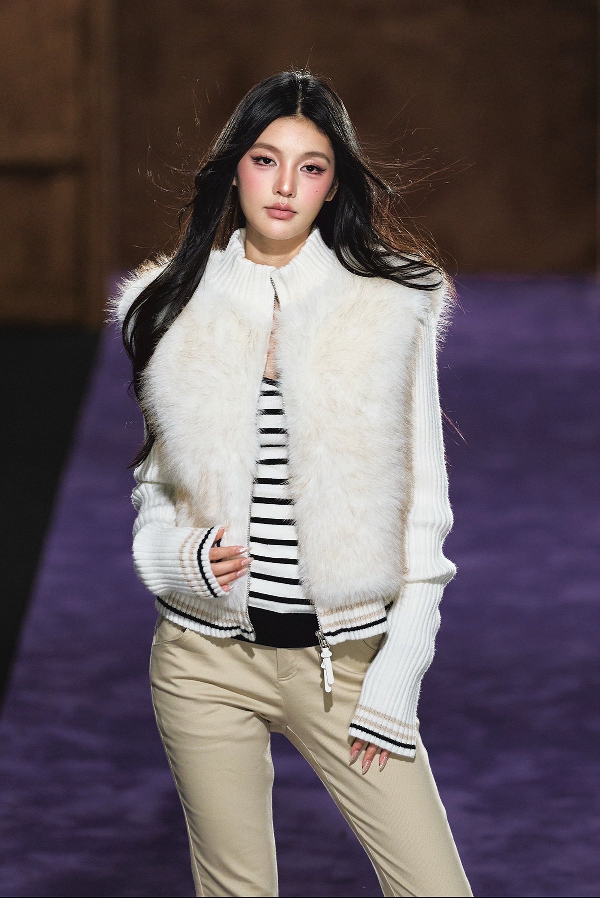 Faux Fur Knit-Panel Two-in-One Cardigan