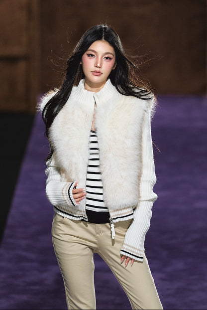 Faux Fur Knit-Panel Two-in-One Cardigan