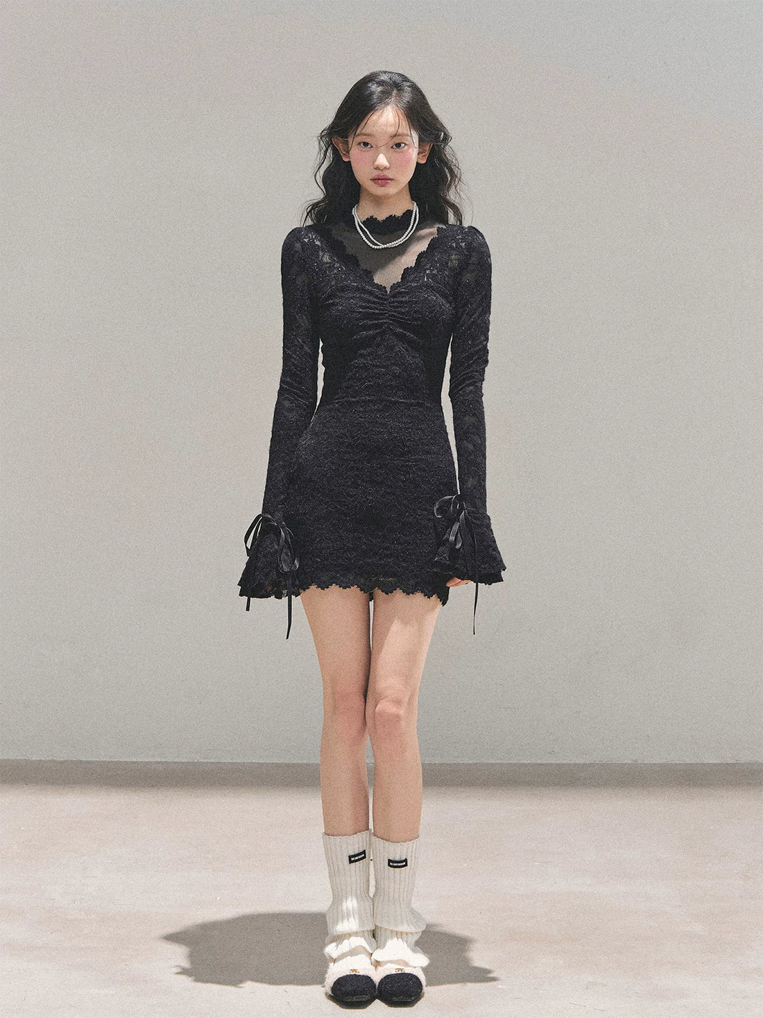 Lace Mesh Long-Sleeve Mini Dress