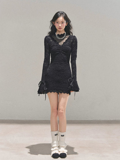 Lace Mesh Long-Sleeve Mini Dress