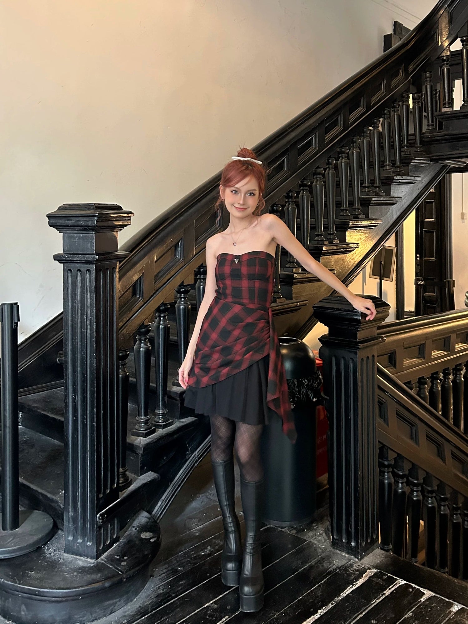 Red-Black Plaid Waist-Defining Dress