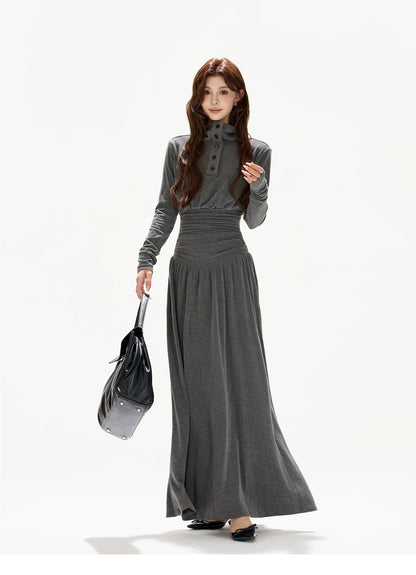 Pleated Waist-Defining A-Line Maxi Dress
