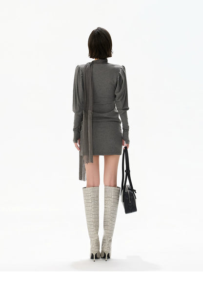 Minimalist Draped Turtleneck Knit Mini Dress with Tassel Ties