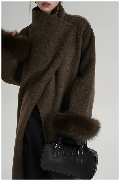 Elegant Fox-Fur Sleeve Long Wool Coat