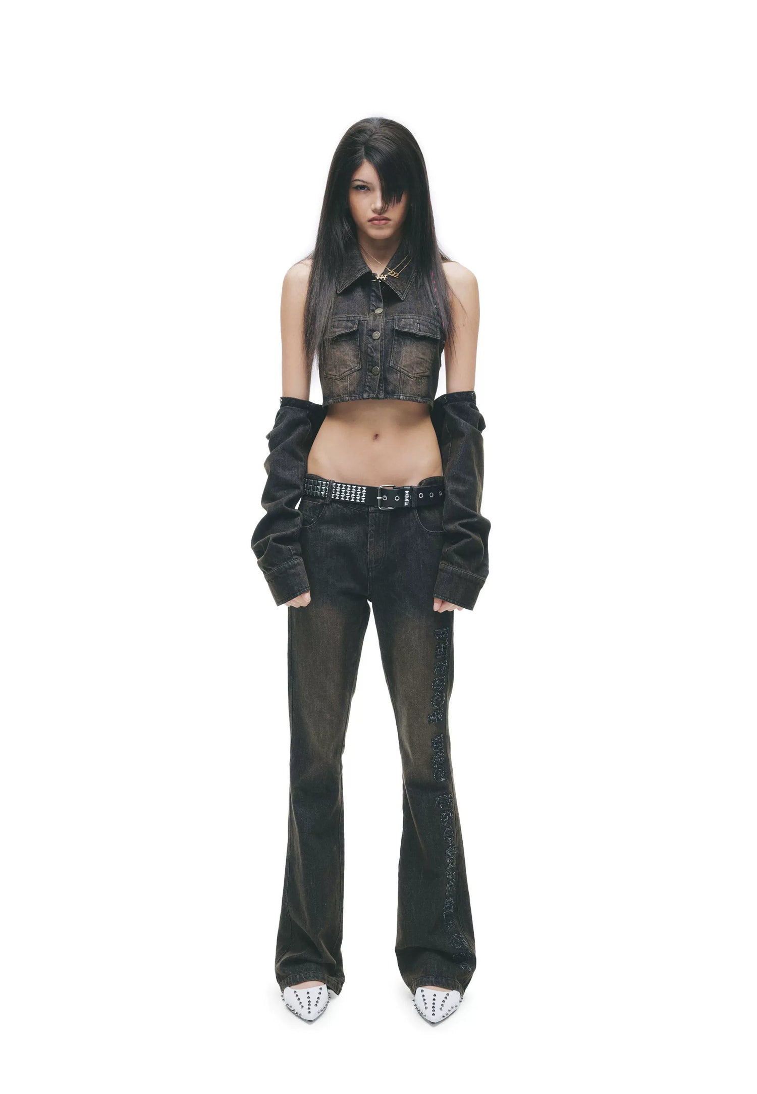 Y2K Washed Denim Cropped Set with Embroidered Patch Detail