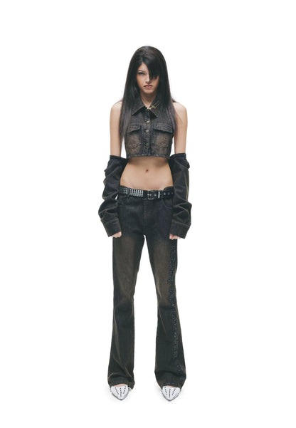 Y2K Washed Denim Cropped Set with Embroidered Patch Detail