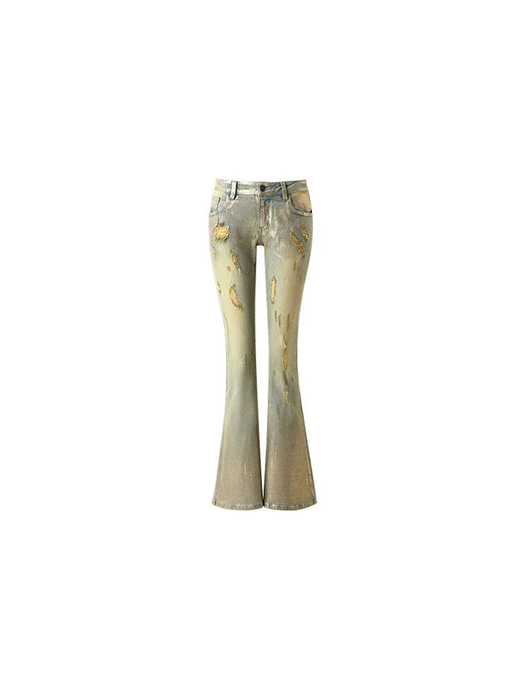 Gold-Stamped Gradient Distressed Flared Jeans - CHINASQUAD