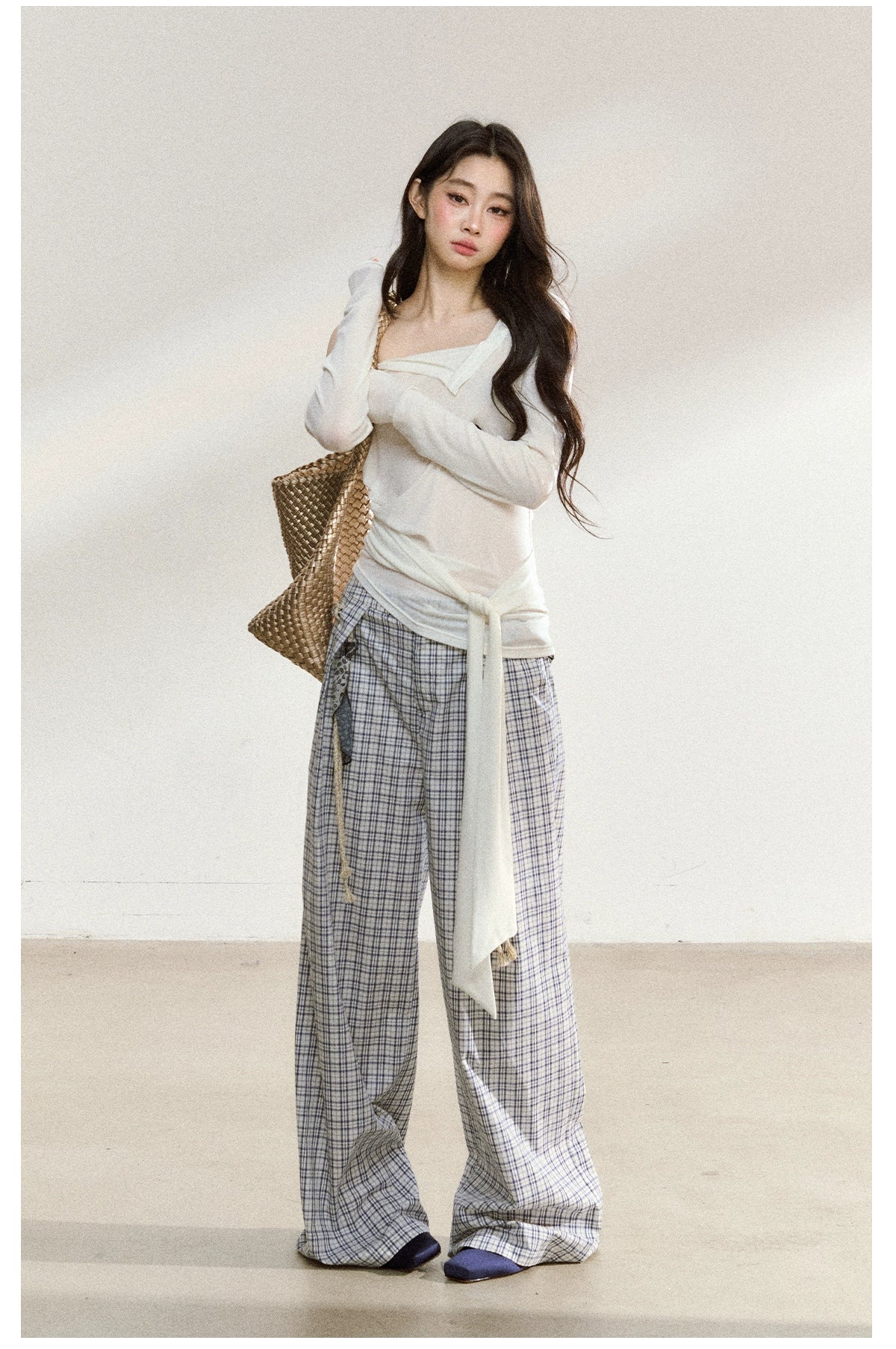 Relaxed Plaid Cotton Wide-Leg Trousers