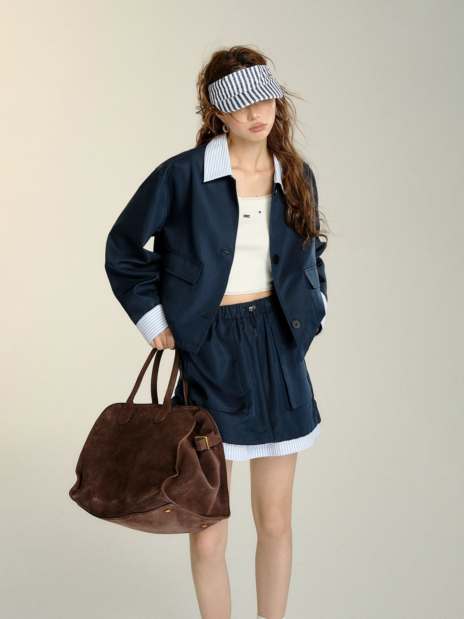 Navy Blue Faux Two-piece Striped Jacket &amp; Skirt