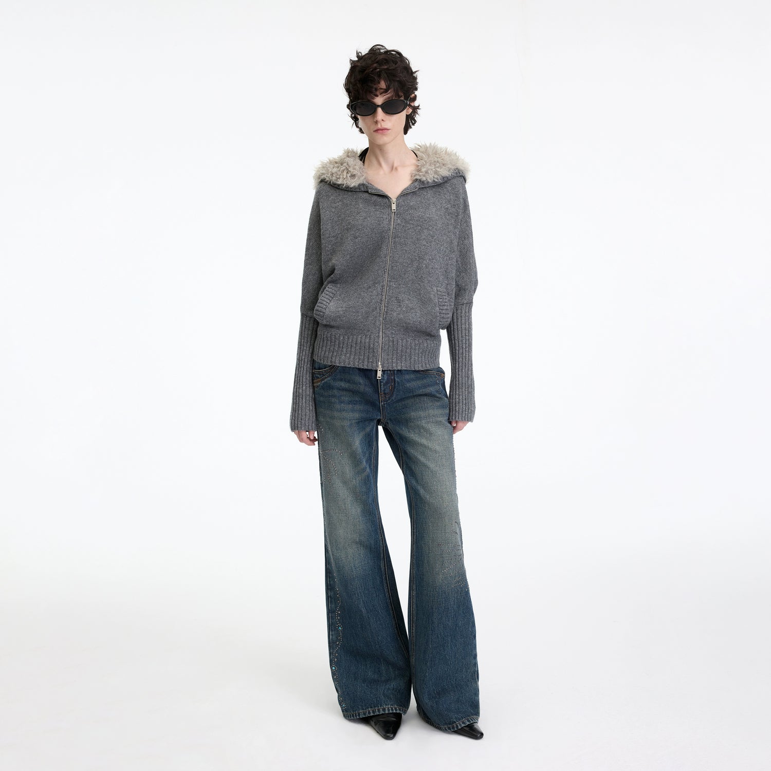 Wool-Blend Hooded Faux Fur Collar Knit Jacket