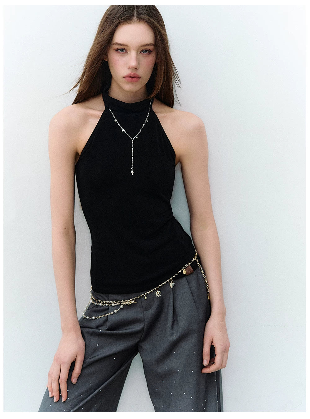X-line Sleeveless Halter Neck Acetate Knit Top