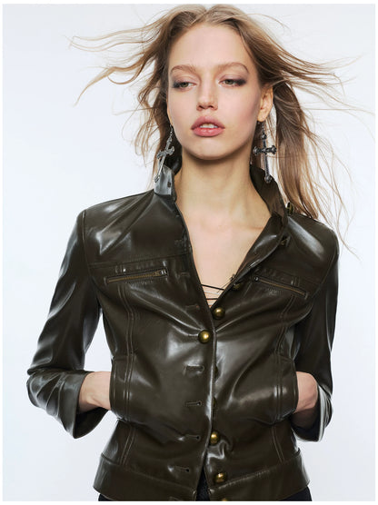 Punk Metal Button Waist-Cinched Faux Leather Jacket
