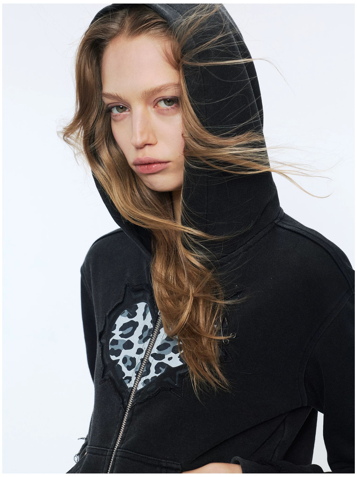 Love Leopard Print Embroidered Zip Hoodie