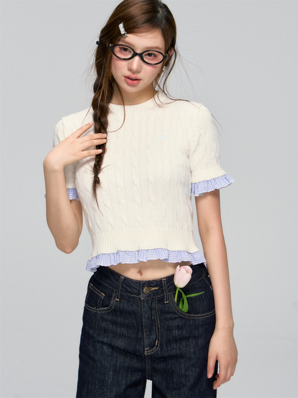 Ruffled Edge Cable Knit Short-Sleeve Top