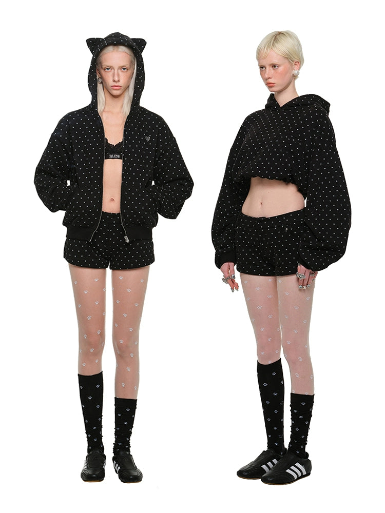 Cat Paw Polka Dot Hooded Cardigan Set