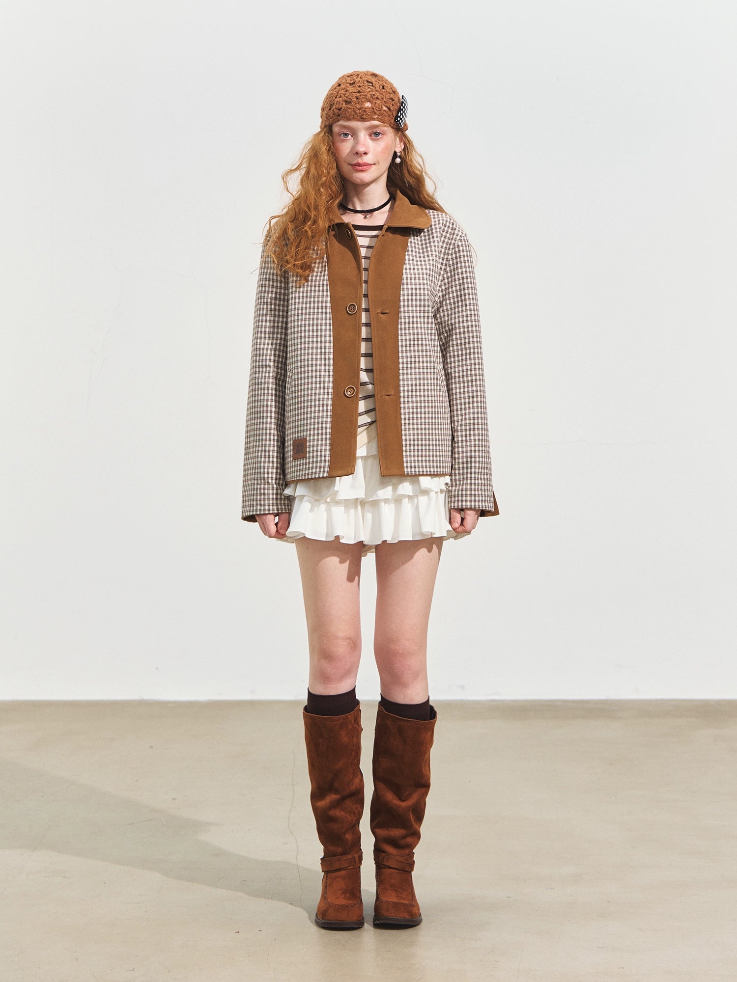 Velvet-Textured Peter Pan Collar Leather Jacket