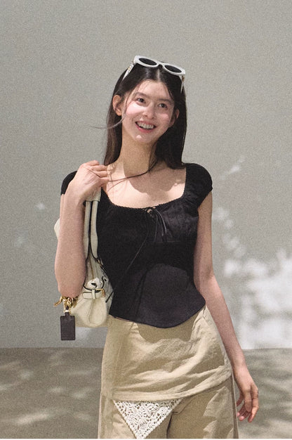 Ruched Waist Puff Sleeve Cropped T-shirt