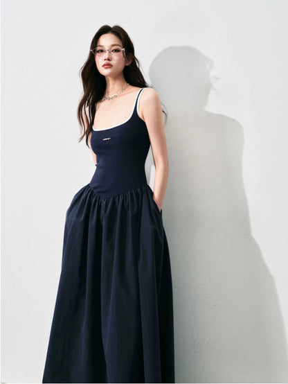 Contrast-Trim Backless Slip Maxi Dress