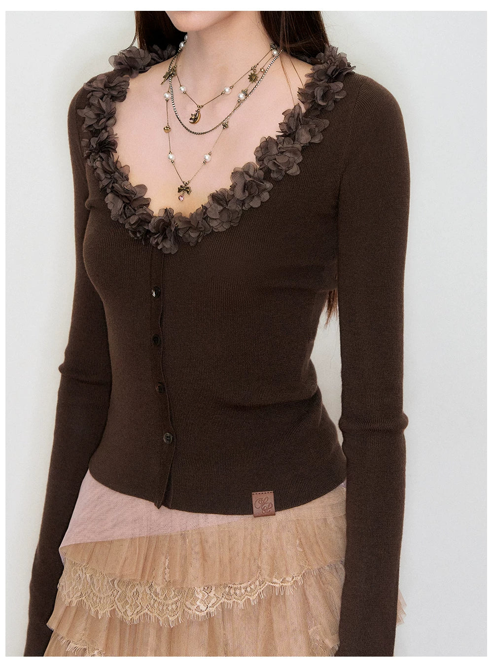 V-Neck Lace-Trim Fitted Knit Cardigan