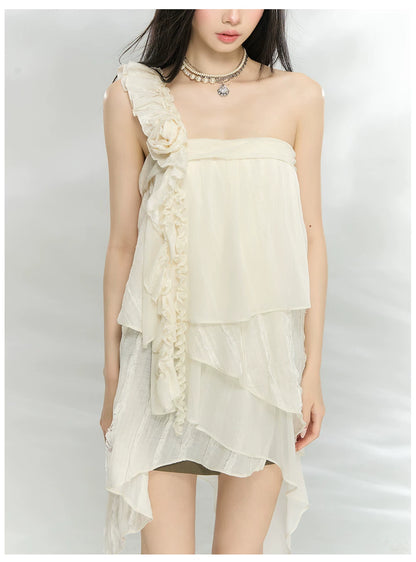 Asymmetric Ruffle Rose Detail Layered Dress