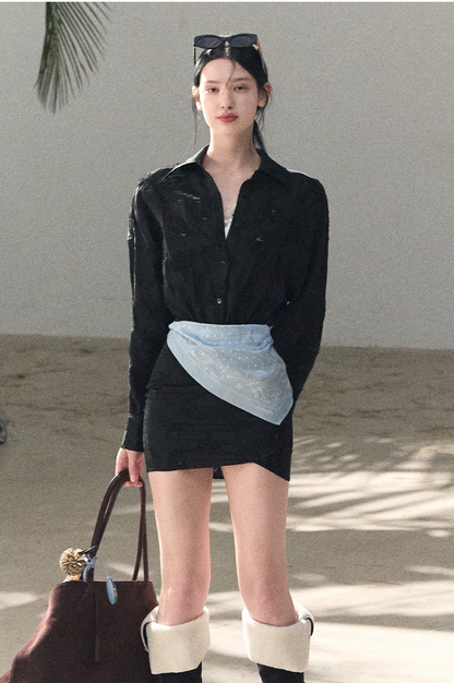 Waist-Cinched Long-Sleeve Shirt Dress