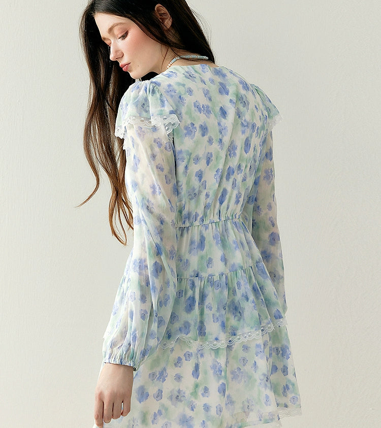 Blue Floral Lace-paneled Long Sleeve V-neck Dress