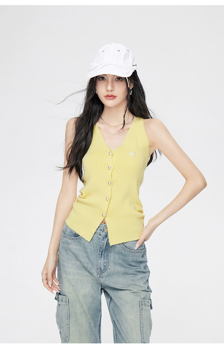 Yellow &amp; Black V-Neck Pleated Knitted Vest