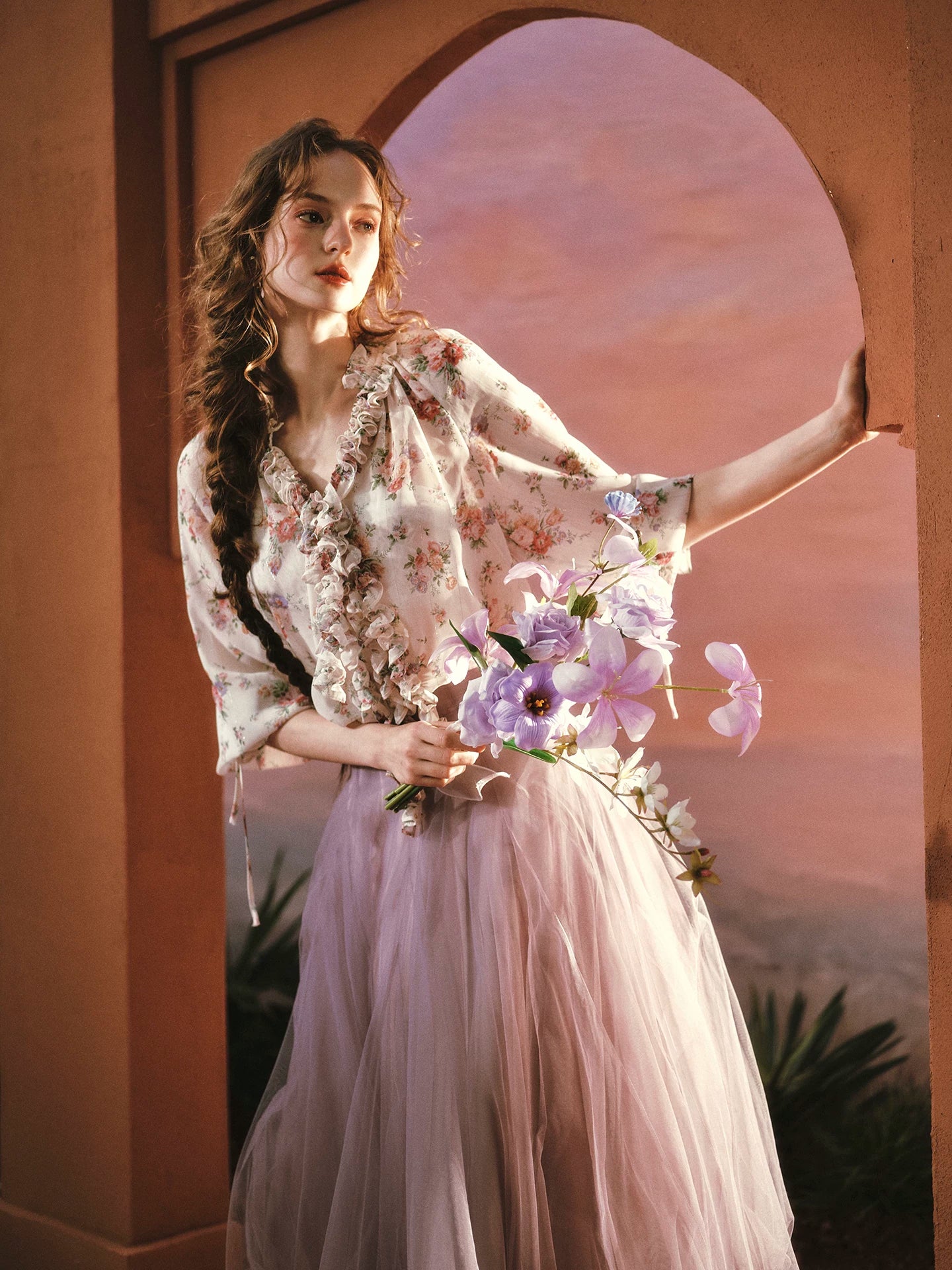 Wisteria Whisper French Romantic Floral Chiffon Shirt