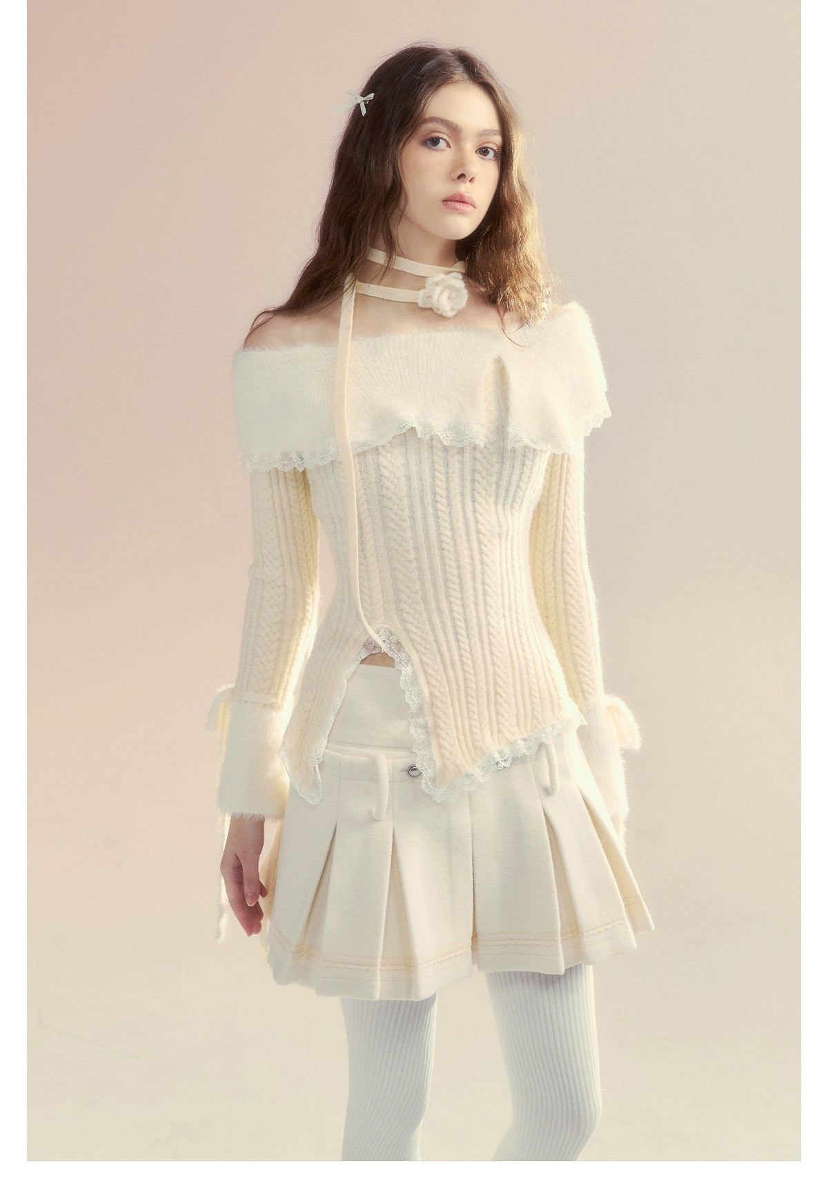 White Off-Shoulder Long sleeve Sweater - CHINASQUAD