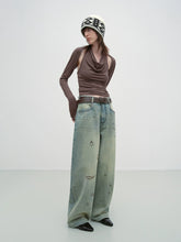 Vintage Burnt-Edge Printed Washed Denim Pants - CHINASQUAD